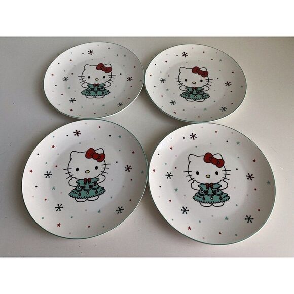 Set Of 4 Sanrio Hello Kitty Ceramic Dinner Plate 10.5” Christmas Tree Snowflake - Picture 1 of 9